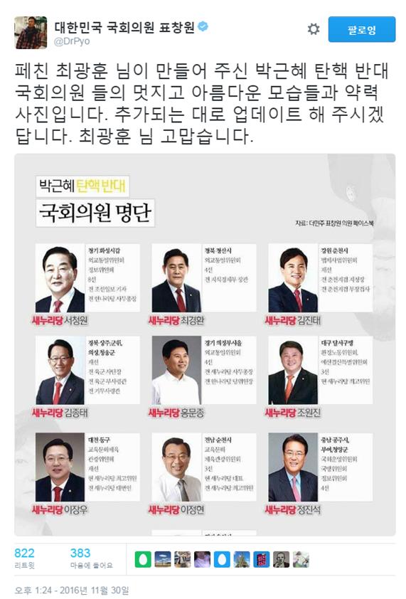 표창원 의원의 ‘페친’ 최모씨가 만든 탄핵 반대 의원 사진을 표 의원이 트위터에 공유했다.