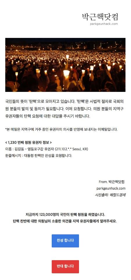 박근핵닷컴에서 시민들이 의원에게 탄핵 촉구 청원을 보낼 경우 의원이 받게되는 메일 화면. 청원 내용과 더불어 탄핵에 찬성 혹은 반대하는지를 선택하는 버튼이 있다. 홈페이지 캡처