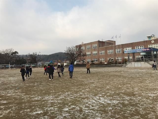 경기 안성시 삼죽초등학교 6학년 학생들이 7일 운동장에서 탈북 학생들과 어울려 체육수업을 하고 있다. 학생들 뒤로 학교 본관 건물 앞에 한반도기와 태극기가 함께 게양돼 눈길을 끈다.