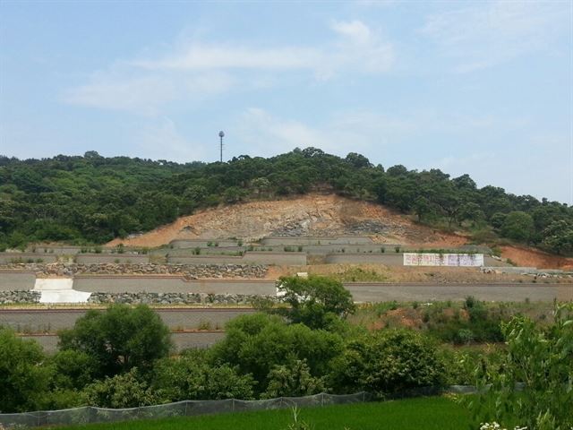 세종시 장군면 대교리 야산이 전원주택단지로 개발되면서 흉물스럽게 깎여 황톳빛 속살을 드러내고 있다.