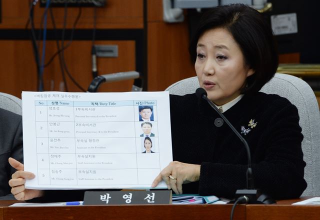 박영선 더불어민주당 의원이 지난 14일 국회에서 열린 최순실 국정농단 의혹 진상규명을 위한 국정조사 특위 3차 청문회에서 질의하고 있다. 오대근기자 inliner@hankookilbo.com