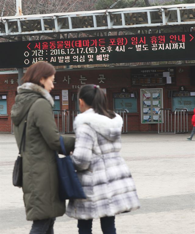 황새 2마리가 폐사해 18일 임시 휴원한 경기 과천시 서울대공원 동물원 앞에서 시민들이 발길을 돌리고 있다. 대공원 측은 조류인플루엔자(AI) 감염 여부를 확인하기 위해 정밀검사를 진행 중이다. 연합뉴스