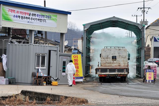 고병원성 조류인플루엔자(AI)가 전국으로 확산되고 있는 가운데 19일 경북 경주의 한 농원 입구에서 출입차량에 대한 방역작업이 실시되고 있다. 뉴스1