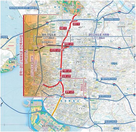 문학~검단 고속화도로 위치도. 인천시 제공