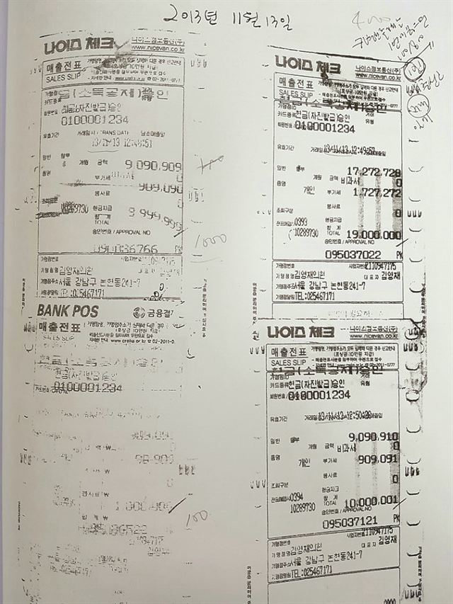 박근혜 대통령의 '비선실세'로 지목된 최순실 씨가 단골병원인 김영재의원에서 미용시술비로 하루에만 최대 4천만 원 어치를 현금결제 했던 것으로 25일 나타났다. 이는 '최순실 국정개입 게이트' 진상 규명을 위한 국회 국정조사특별위원회 소속 새누리당 황영철 의원이 최 씨의 단골병원 김영재의원으로부터 확보한 현금영수증을 확인한 결과다. 황영철의원실 제공