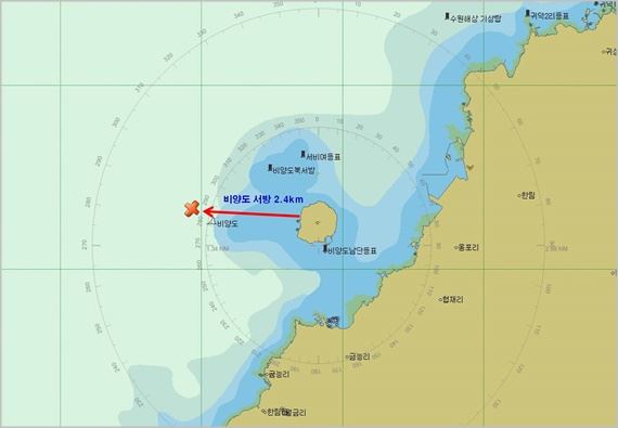 29일 오전 제주시 한립읍 비양도 부근 해상에서 부산선적 예인선 K호(29톤)가 침몰했다. 사진은 사고 선박이 비상용위치표시 무선장치 신호를 보낸 해상 위치도. 제주해양경비안전서 제공.