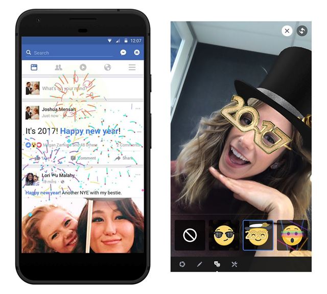 페이스북이 새해를 맞아 31일과 1월1일 이틀 동안 제공하는 불꽃놀이 효과(왼쪽)와 실시간 동영상 마스크 효과. 페이스북 제공