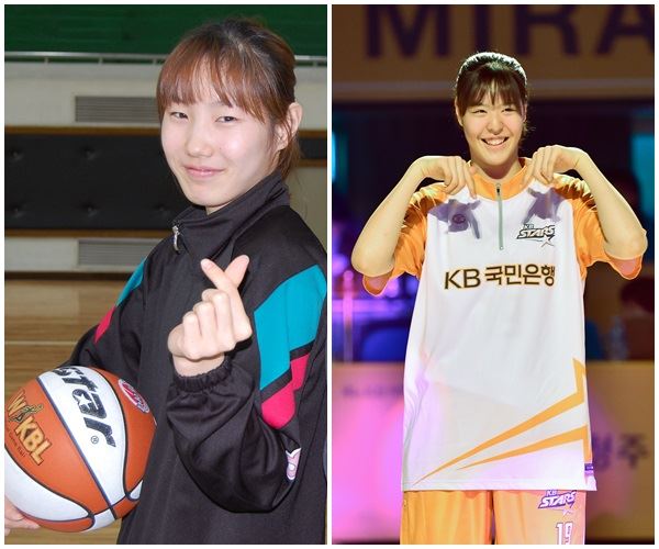 WKBL 올스타전에서 특별 무대를 선보이는 김지영(왼쪽)과 박지수. 한국일보 자료사진, WKBL 제공