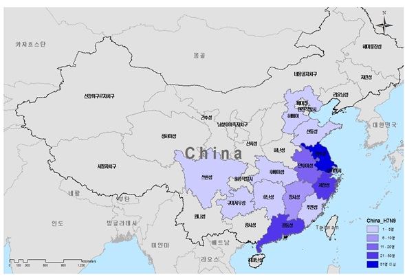 중국 내 AI(H7N7) 발생지역 <자료: 질병관리본부>