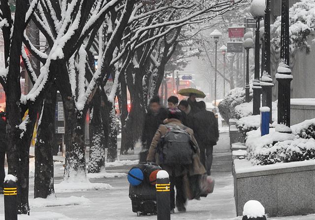 서울을 비롯한 수도권에 올 겨울 첫 대설주의보가 발효된 20일 오전 서울 중구 숭례문 인근 도로에서 한 노숙자가 무거운 짐을 들고 갈 길을 재촉하고 있다.