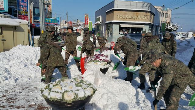 육군8군단 예하 특공대대와 화생방중대 장병 200여명이 양양전통시장 일대에서 전날 내린 눈을 치우느라 구슬땀을 흘리고 있다. 육군8군단 제공