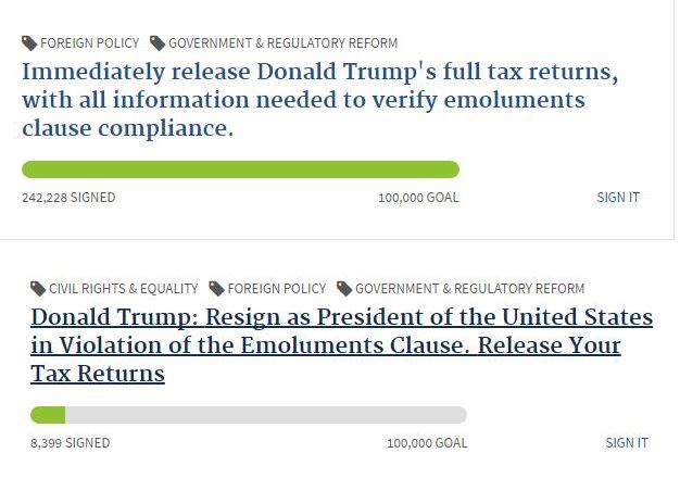 트럼프 대통령의 ‘납세내역 공개’(위)와 납세자료 공개 거부를 이유로 하야를 요구하는 청원.
