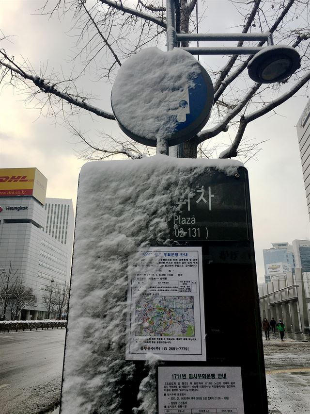 [눈보라 맞은 표지판] 20일 서울 태평로 변 버스 표지판에 바람 타고 날아 온 눈 덩이가 엉겨 붙어 있다.