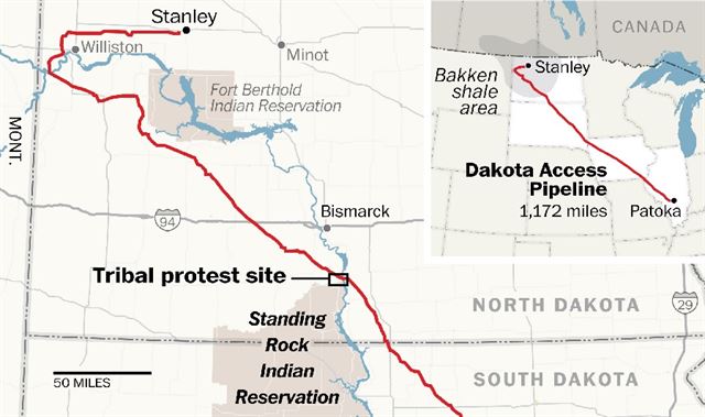 다코타 송유관 건설 공사 지도.