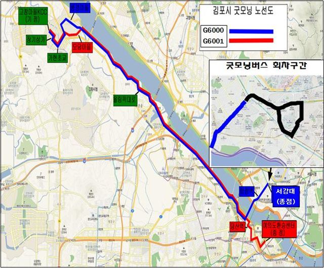 김포 한강신도시∼서울 여의도 환승센터 37㎞ 구간을 운행할굿모닝 급행버스의 운행 노선도. 경기도 제공