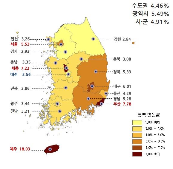 2017년 전국 표준단독주택 공시가격 변동 현황. 국토부 제공