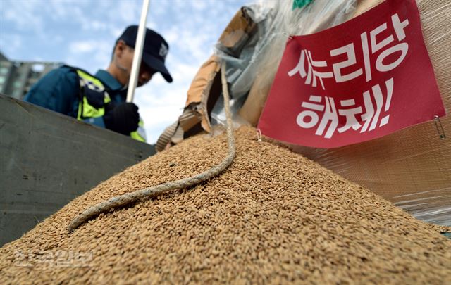 지난해 10월 농민들이 ‘쌀값 대폭락 백남기 농민 폭력 살인 청와대 벼 반납투쟁 농민대회’를 하기 위해 벼를 싣고 상경하다 서울 한남대교 남단에서 경찰에 막혔다. 당시 농민들이 타고 온 트럭에 실린 쌀자루가 터져 벼가 쏟아지는 동안 경찰이 트럭 주위에서 근무를 서고 있다. 서재훈기자 spring@hankookilbo.com