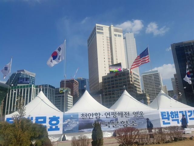 9일 서울시청 앞 서울광장 주변 '탄기국(대통령 탄핵 기각을 위한 국민총궐기운동본부) 애국 텐트촌'에 태극기와 성조기가 나란히 걸려있다. 박진만 기자