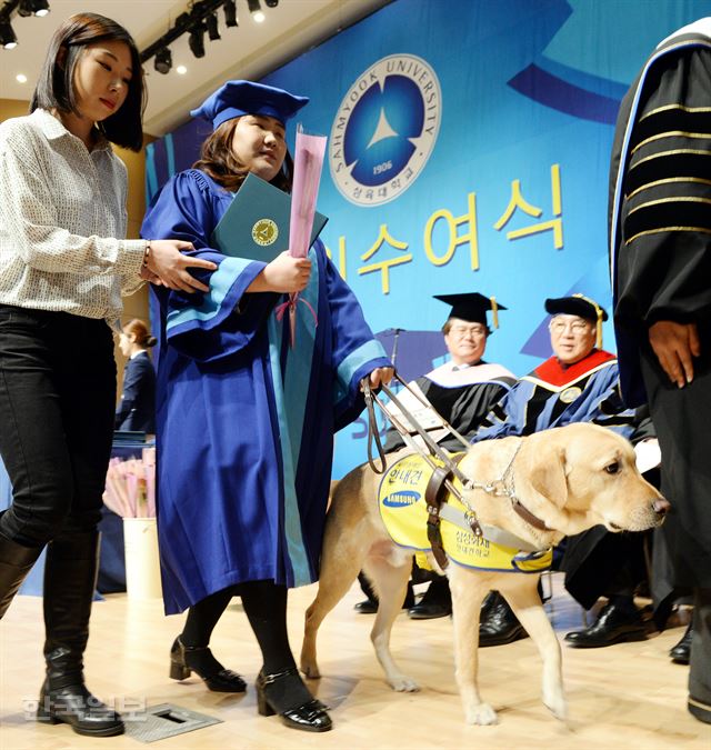 10일 오전 서울 노원구 삼육대 대강당에서 열린 2017학년도 전기 학위수여식에 1급 시각장애인 전조은(23)씨가 안내견 '호두'와 함께 졸업장을 받은 후 무대에서 내려오고 있다. 홍인기 기자1/그림 210일 오전 서울 노원구 삼육대 대강당에서 열린 2017학년도 전기 학위수여식에 1급 시각장애인 전조은(23)씨가 안내견 '호두'와 함께 참석해 졸업장 수여 순서를 기다리고 있다. 홍인기 기자