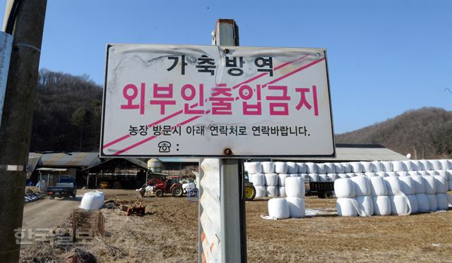 구제역 확산으로 비상이 걸린 경기도 연천군의 축산농가 밀집 지역 입구에 출입을 통제 하는 안내문이 붙어 있다. 백신 접종을 끝낸 연천군의 소 사육 농가는 외부인의 출입을 철저히 통제 하며 구제역 확산을 막기 위해 총력을 기울이고 있다. 신상순 선임기자