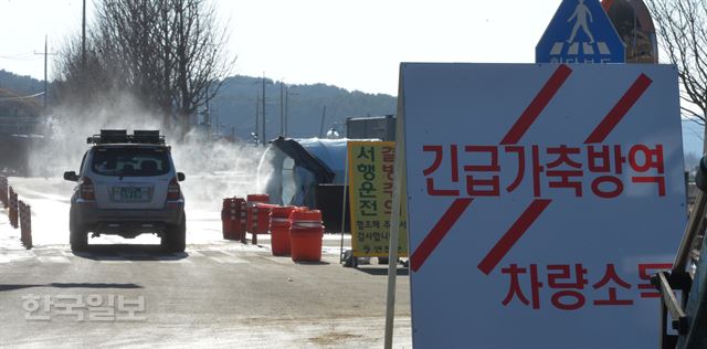 구제역이 발생한 경기 연천군의 축산농가 밀집 지역에서 방역당국 관계자들이 차량을 소독하고 있다 . 연천=신상순 선임기자