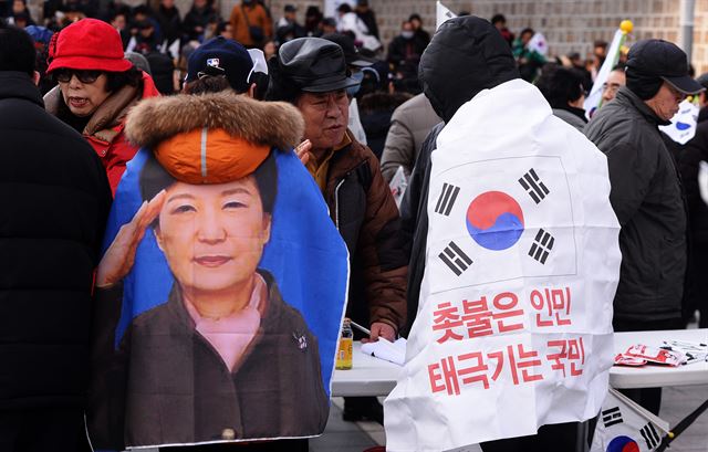 지난 11일 서울 덕수궁 대한문 앞에서 열린 탄핵 반대 집회. 태극기에 쓰인 문구가 눈에 띈다.