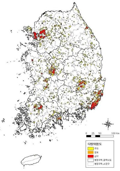 립산림과학원이 제작한 전국 산불 다발위험지도. 산림청 제공