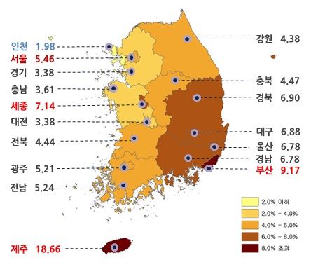 2017년도 전국 표준지 공시지가 변동률 현황. 국토부 제공