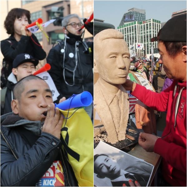 4일 오후 서울 광화문 사거리에서 탄핵 찬성 촛불집회에 참석한 시민들이 탄핵 반대를 주장하는 태극기 집회 참석자들을 향해 부부젤라를 불고 있다.(왼쪽 사진) 이날 태극기 집회 참석자가 서울강장에 설치된 농성 텐트 앞에서 박정희 전 대통령 흉상을 만들고 있다. 연합뉴스