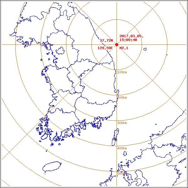 5일 오후 3시9분쯤 강원 동해시 동북동쪽 47㎞ 해역에서 발생한 2.1 규모 지진. 뉴시스