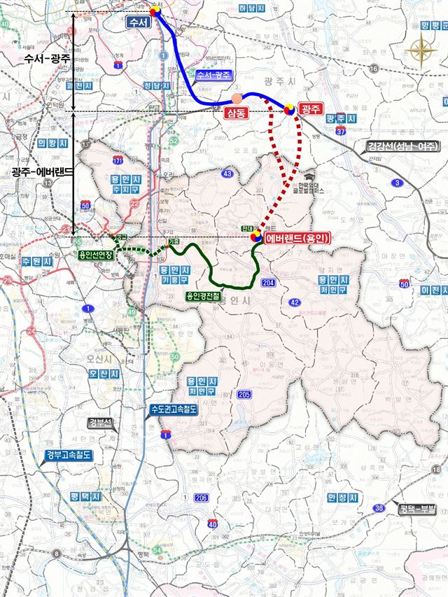 수서~광주~에버랜드 예상 노선도. 용인시 제공