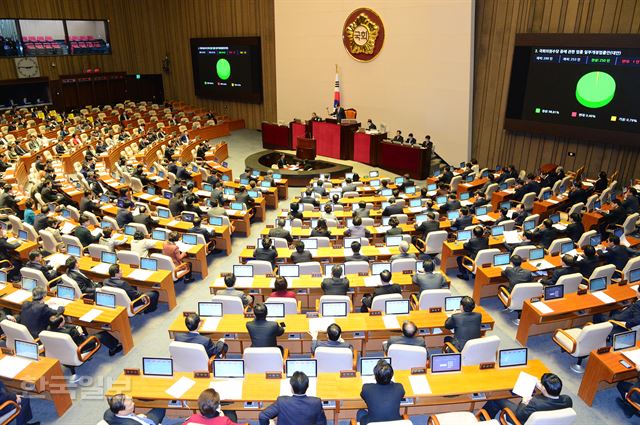 지난 2일 서울 여의도 국회 본회의장에서 열린 349회 국회 임시회 제9차 본회의에서 상정 안건이 통과되고 있다. 오대근 기자