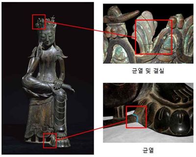 국립중앙박물관은 국보 제78호 금동미륵보살반가사유상의 보관 오른쪽 부분에 난 균열 등 손상 부분의 보존처리에 들어간다. 문화재청 제공