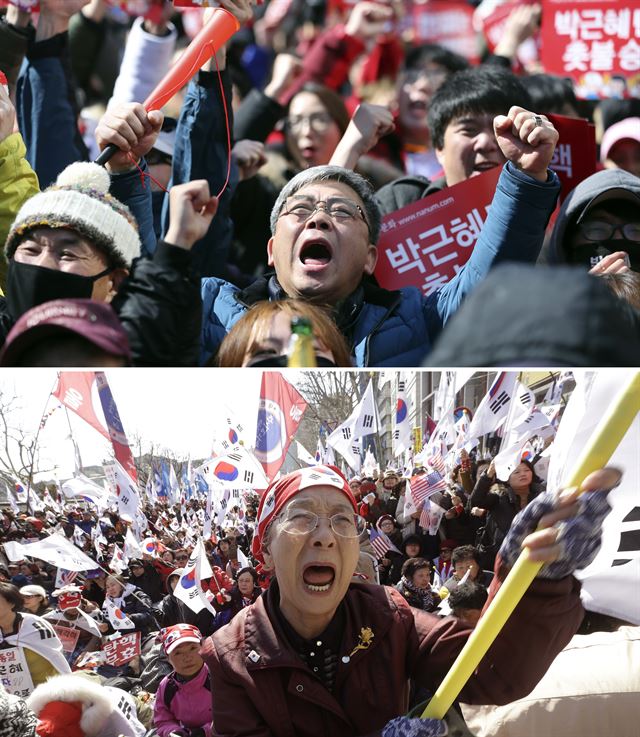 서울 종로구 헌법재판소 대심판정에서 10일 이정미 헌법재판소 소장 권한대행 주재로 열린 박근혜 대통령 탄핵심판에서 재판관 8명 전원 일치로 박 대통령의 파면이 결정된 가운데 헌법재판소 부근에서 탄핵을 요구하며 시위를 하던 시위자들이 파면 결정 소식을 듣고 환호하며 기뻐하고(사진 위) 있는 반면 탄핵 반대를 하며 시위를 하던 시위자들이 눈물을 흘리고 있다. AP 연합뉴스