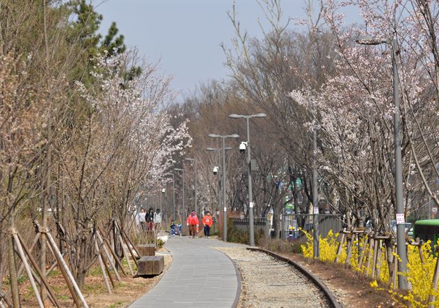 경춘선 공릉동 구간에 조성된 경춘선숲길에서 시민들이 거닐고 있다. 서울시 제공