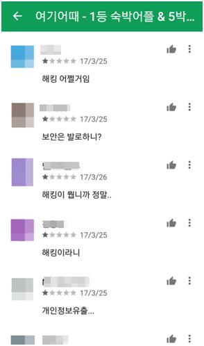 구글 소프트웨어(앱) 장터 구글플레이에 등록된 숙박업소 예약 앱 여기어때를 두고 최근 벌어진 해킹 사건을 비판하는 소비자들의 불만이 이어지고 있다. 구글플레이 캡처