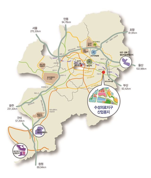 2020년까지 전 세계 첨단 스마트기술을 테스트, 스마트도시로 건설되는 대구 수성의료지구 위치도. 대구시 제공
