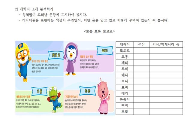 어린이프로그램 '뽀롱뽀롱 뽀로로'의 캐릭터 소개를 보고 캐릭터의 색상, 의상 등을 분석하게 한 자료. 초등성평등연구회 제공