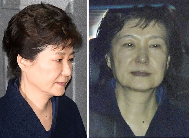 뇌물수수 등 혐의로 구속영장이 발부된 박근혜 전 대통령이 31일 오전 서울구치소에 수감되기 위해 차를 타고 서울시 서초구 서초동 서울중앙지검을 나서고 있다. 박 전 대통령은 영장실질심사를 받기 위해 들어갈 때 했던 올림머리에 사용했던 핀을 빼서 머리카락이 내려와 있다(오른쪽). 왼쪽은 박 전 대통령이 영장실질심사를 받고 서울중앙지법에서 서울중앙지검으로 이동할 때 모습. 연합뉴스