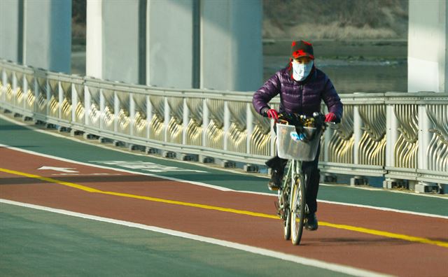 서울 한강 시민공원에서 마스크를 쓴 시민이 자전거를 타고 이동하고 있다. 한국일보 자료사진