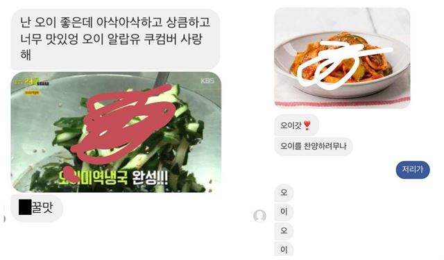 ‘오싫모’ 관리자 H씨는 자신이 받은 반대 메시지를 페이지에 공개했다. 메시지에 있던 오이미역냉국 등의 음식은 회원들을 위해 직접 가렸다고 한다. 페이스북 캡쳐