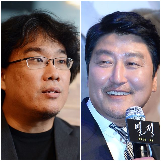 신작 영화 ‘기생충’에서 재회하는 봉준호 감독(왼쪽)과 송강호. 한국일보 자료사진