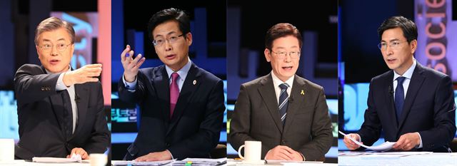 지난달 21일 서울 상암동 MBC 사옥에서 열린 더불어민주당 경선후보 토론회에서 문재인(왼쪽부터) 전 대표, 최성 고양시장, 이재명 성남시장, 안희정 충남지사가 발언하고 있다. 국회사진기자단