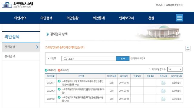 현재 의안정보시스템사이트에 올라온 스토킹범죄 관련 법률안들. 의안정보시스템 캡쳐