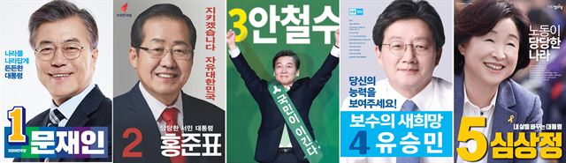 16일 각 당 대선후보들의 선거 벽보가 공개됐다. 왼쪽부터 더불어민주당 문재인, 자유한국당 홍준표, 국민의당 안철수, 바른정당 유승민, 정의당 심상정. 연합뉴스