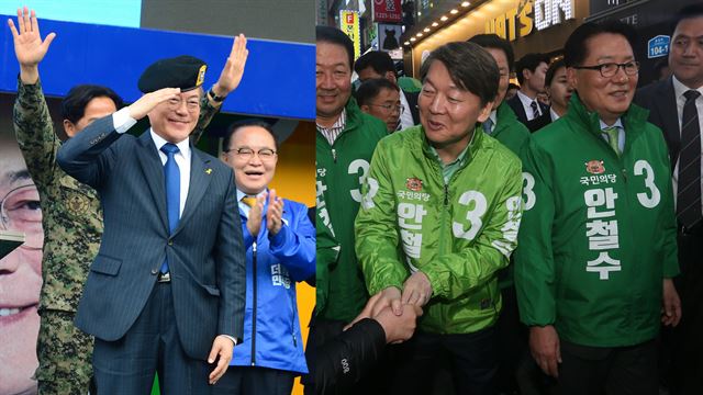 문재인 더불어민주당 대선후보가 17일 오전 대구시 북구 산격동 경북대학교 북문 앞에서 첫 유세를 하던 중 한 시민이 건넨 베레모를 쓰고 거수경례를 해보고 있다.(왼쪽사진) 안철수 국민의당 대선 후보가 17일 광주 동구 금남로에서 시민들과 만나 인사를 나누고 있다. 오대근ㆍ류효진기자