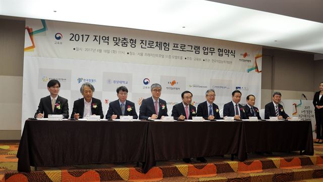 Figure 1인하공업전문대학이 지난 18일 서울 프레지던트호텔에서 2017년 지역 맞춤형 진로 프로그램 업무 협약식을 하고 있다.