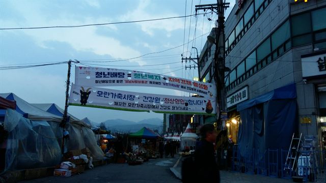 지난 14일 오후 경기 성남시 모란가축시장 초입에 '정상영업 합니다'라는 글귀가 적힌 플래카드가 내걸려 있다. 상인들은 개 도축시설 철거 이후 단골들로부터 "장사를 아직도 하느냐"는 문의가 많아 곤혹스럽다고 했다.