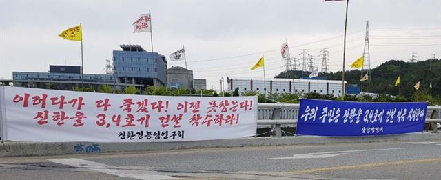 경북 울진군 도로변 곳곳에 신한울원전 3, 4호기 건설을 촉구하는 현수막이 걸려 있다.