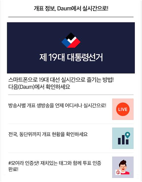 카카오는 19대 대통령선거를 맞아 인증샷을 비롯해 실시간 개표 결과 확인 등을 확인할 수 있는 맞춤형 서비스를 다음과 카카오톡 등에서 제공한다. 카카오 제공